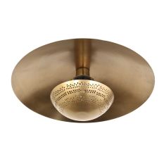 Mooie ronde plafondlamp met E27 fitting. Brons kleurig met een vleugje goud. Bij deze plafonniere is de lichtbron verhult achter een metalen plaatje met gaatjes.