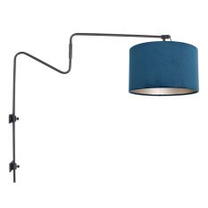 Zwarte wandlamp met zwenkarm Linstrom 3727ZW met blauw velours kap