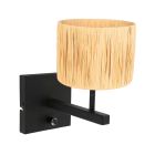 Black wall lamp Stang 3710ZW with switch and natural-colored grass shade